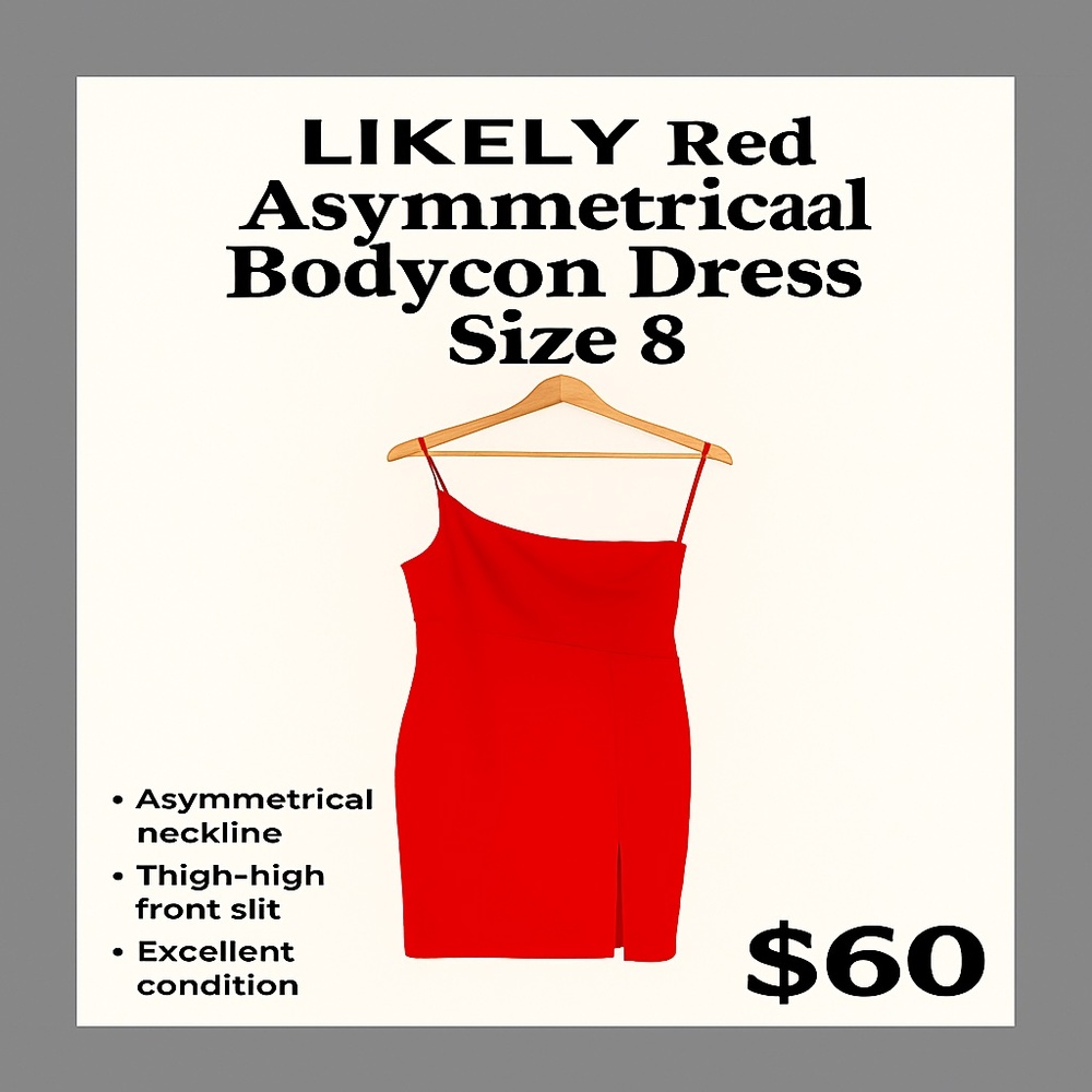❤️ LIKELY Red Asymmetrical Bodycon Dress – Size 8
